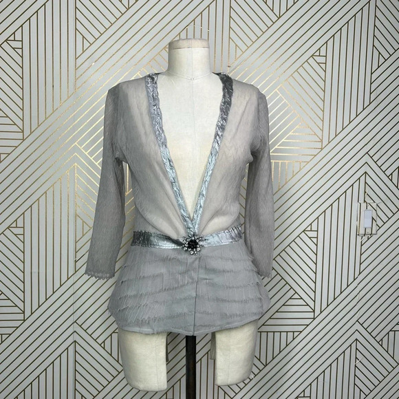 Komarov Gray Ruffle Brooch‎ Crinkle Cardigan Size US Small - Picture 1 of 11